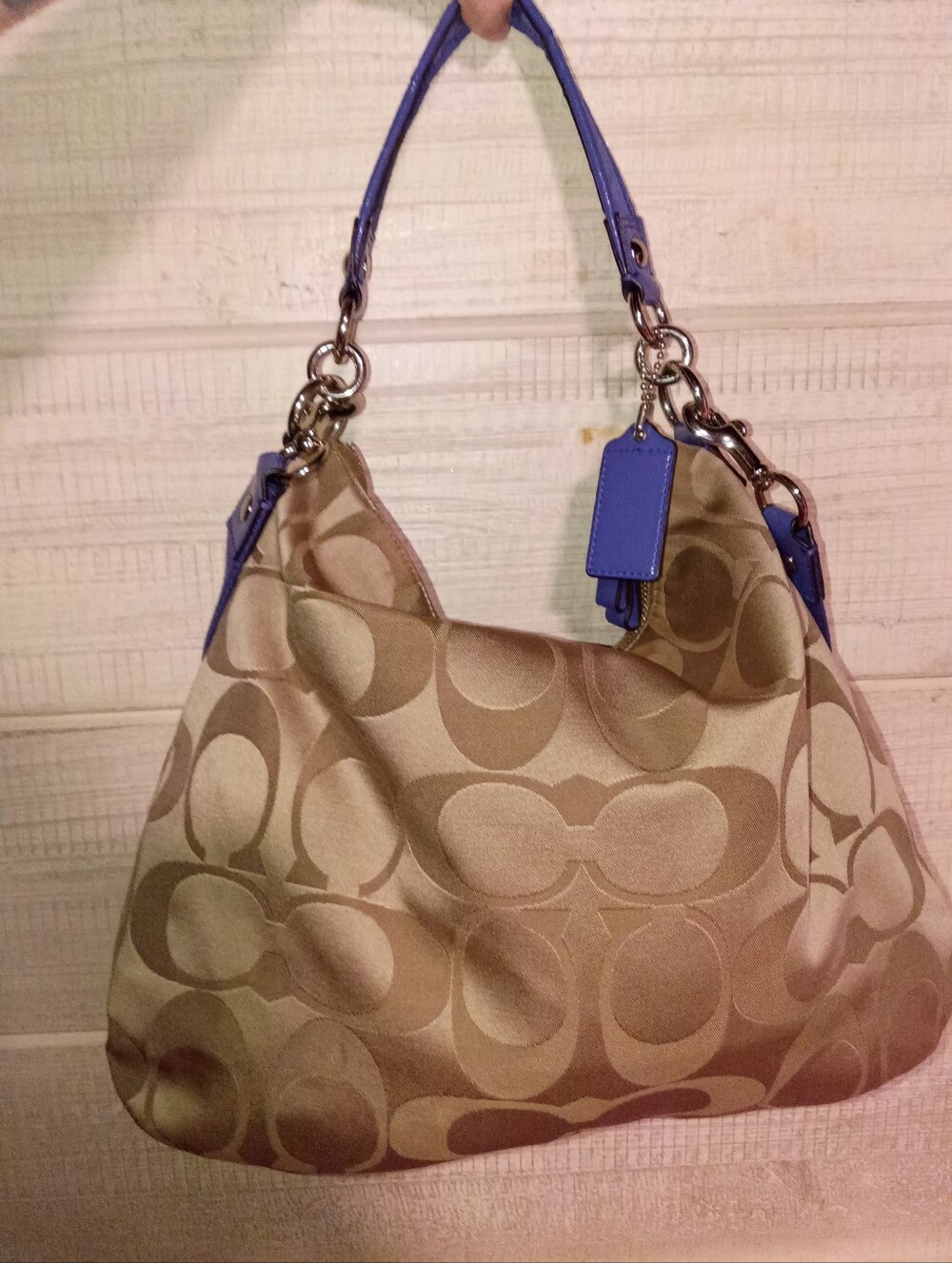 Coach Poppy Tan and Purple Signature Hobo Bag with Purple Trim - Picture 2 of 8